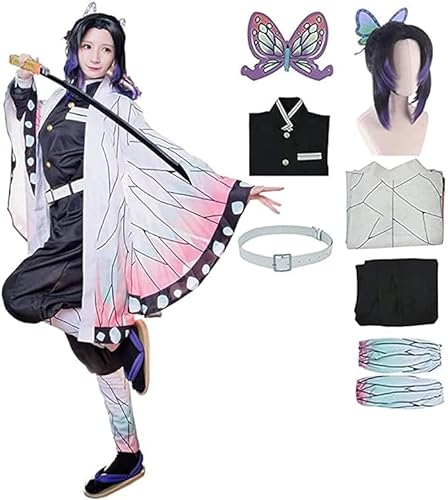 Rcrllya Anime Dämon Slayer Kochou Shinobu Kostüm Kimono Outfit Halloween Party Uniform mit Perücke Erwachsenen Geschenk (Set Perücke,XL) von Rcrllya