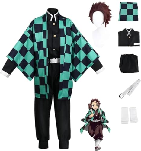 Rcrllya Anime Dämonen jäger Kamado Tanjirou Halloween Cosplay Kostüm Party Outfit Kimono Uniform mit Perücke (Set Perücke,L) von Rcrllya