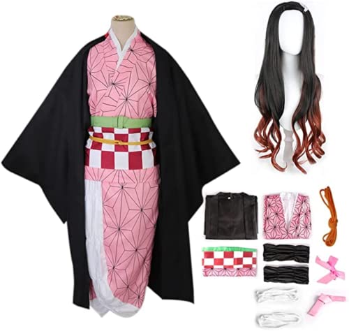 Rcrllya Anime Demon Slayer Kamado Nezuko Kostüm Kimono Outfit Halloween Party Uniform mit Perücke Erwachsene Party Geschenk (Set Perücke,S) von Rcrllya