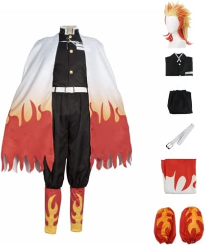 Rcrllya Anime Demon Slayer Rengoku Kyoujurou Outfit Cosplay Kostüm Zubehör Anzug Uniformen Kostüme Perücke Party Geschenk (L,Set Perücke) von Rcrllya