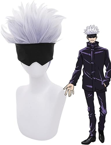 Rcrllya Anime Jujutsu Kaisen Cosplay Perücke, Gojo Satoru Perücke, Staubige blaue Kurzhaar Rolle mit Perückenkappe, Größe 21 ~ 24 Zoll/54-62 cm von Rcrllya