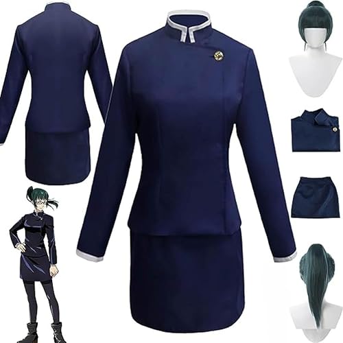 Rcrllya Anime Jujutsu Kaisen Zenin Maki Cosplay Kostüm Outfit Kugisaki Nobara Blaue Uniform Voll Set Halloween Karneval Party Anzug (Kostüm und Perücke,L) von Rcrllya