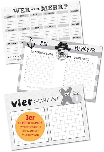 ReGrape 3 Spielblöcke für Kinder: Stadt Land Fluss, Schiffe versenken, Vier gewinnt - jeweils 50 Blatt auf hochwertigem Papier - Reisespielset- DIN A5 von ReGrape