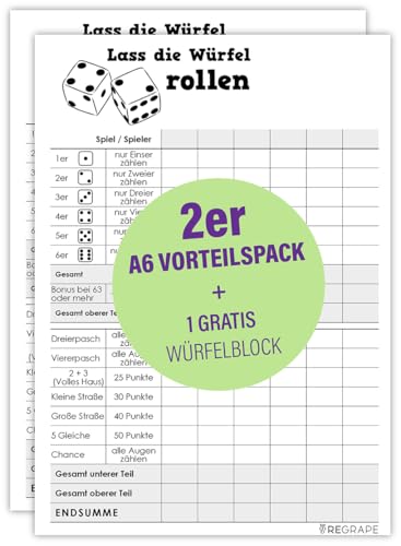 Vorteilspaket 2 x Ersatz Würfelblock + 1 x Gratis Würfelblock, A6, Qualitätspapier, Durchschlagsicher, Made in Germany, umweltfreundlicher Druck von ReGrape