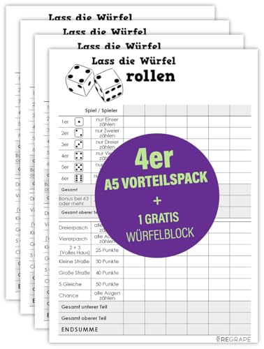 Vorteilspaket 4 x Ersatz Würfelblock + 1 x Gratis Würfelblock, A5, Qualitätspapier, Durchschlagsicher, Made in Germany, umweltfreundlicher Druck von ReGrape