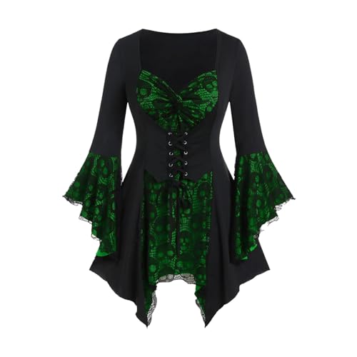 Gothic Elegantes Mittelalterkleid für Damen, Cosplay-Kostüm, Spitze, gerüschter Ausschnitt, ausgestellte Ärmel, historisches Katze Cosplay Kostüm Kätzchen Schwanz Ohren Kragen Pfoten (Green, M) von ReSin90s