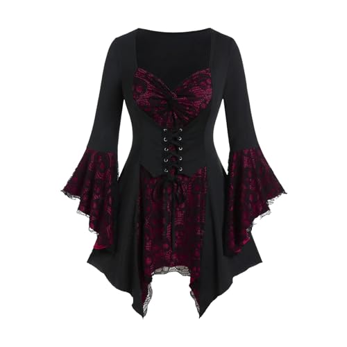 Gothic Elegantes Mittelalterkleid für Damen, Cosplay-Kostüm, Spitze, gerüschter Ausschnitt, ausgestellte Ärmel, historisches Katze Cosplay Kostüm Kätzchen Schwanz Ohren Kragen Pfoten (RD2, L) von ReSin90s