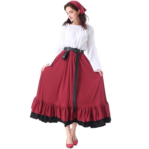 Mittelalterliches Kostüm für Damen, Elegantes langes Kleid mit Spitzenbesatz und Kopftuch, Halloween-Cosplay-Outfit Schwarzklee Cosplay Kostüm Asta Charakter Jacke Hoodie (Red, M) von ReSin90s