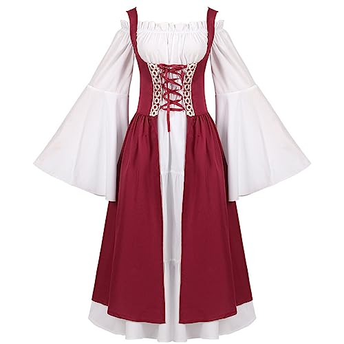 Mittelalterliches Kostüm für Damen, langes Kleid, kalte Schulter, Kostüme, irisches Over-Cosplay-Retro-Kleid Dienstmädchen-Outfit Cosplay Japanisches Dienstmädchen-Kostüm (Red, L) von ReSin90s