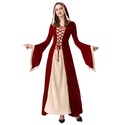 Mittelalterliches Kostüm für Erwachsene, Elegantes Gothic-Langarmkleid, Halloween-Cosplay-Outfit mit Spitzenkapuze Bowsette-Cosplay-Kostüm (Red, M) von ReSin90s