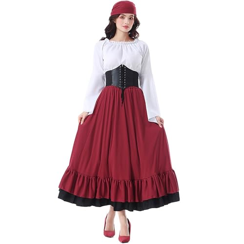 Mittelalterliches Kostüm für Frauen, Cosplay-Kleid mit Fledermausärmeln, Spitzenbesatz, Kopftuch, Halloween-Party-Outfit Daki-Cosplay-Kostüm (Red, M) von ReSin90s