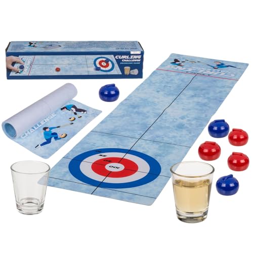 ReWu Trinkspiel Tisch-Curling Partyspiel Jungesellenabschied Spielmatte 6 Curling-Steine & 2 Shot Gläser Partytime Geschenkidee 120 x 30 cm von ReWu