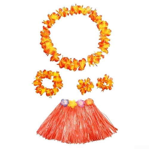ReachMall Lebendiger Hawaii-Anzug für Kinder mit buntem Gras-Lei-Rock und Armbändern (Orange) von ReachMall