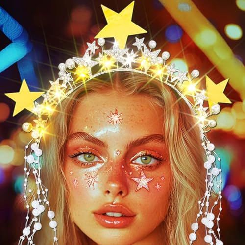 Reaky Leuchtender Stern Heiligenschein Krone LED Gold Strass Kopfschmuck Göttin Perle Stirnband Karneval Haarschmuck für Frauen von Reaky