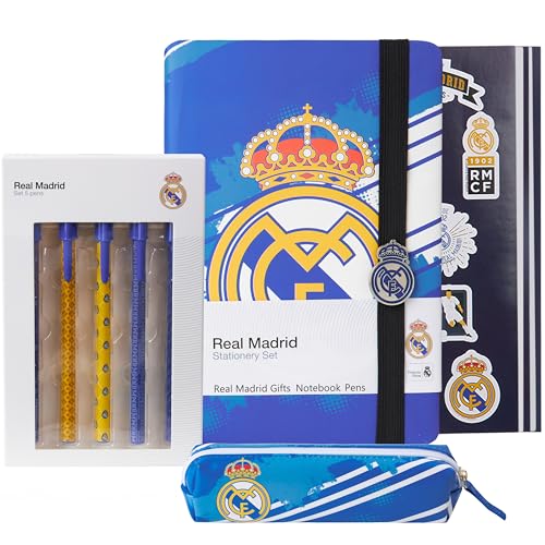 Real Madrid Notizbuch A5 Blanko 95 Blatt Schreibwaren Set mit Kugelschreiber Federmäppchen und Sticker Fussball Geschenk von Real Madrid