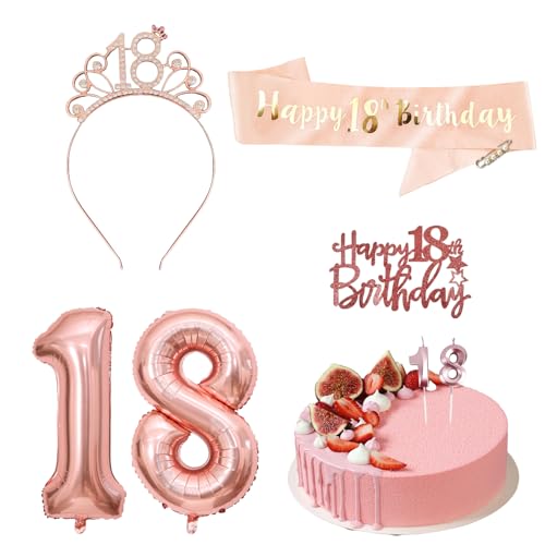 Realjoy 18.Geburtstag Schärpe und Tiara,8 Geburtstagsdekorationen für Mädchen,Krone Schärpe Set mit Brosche,Tortenaufsatz, Zahlenkerzen und Luftballons für die 18. Geburtstagsfeier (Roségold) von Realjoy