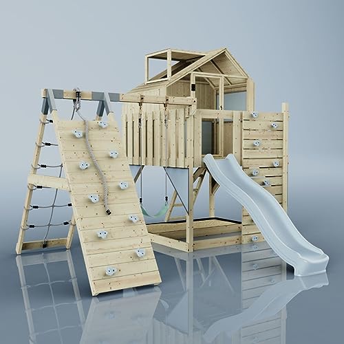 Rebo Outdoor Spielturm mit Wellenrutsche | Spielhaus aus Holz mit Kinderschaukel, Kletterwand, Kletternetz | Stabile Konstruktion, Weiches Gefühl in den Seilen Rebo Outdoor Spielturm mit Wellenrutsche | Spielhaus aus Holz mit Kinderschaukel, Kletterwand, Kletternetz | Stabile Konstruktion, Weiches Gefühl in den Seilen von Rebo
