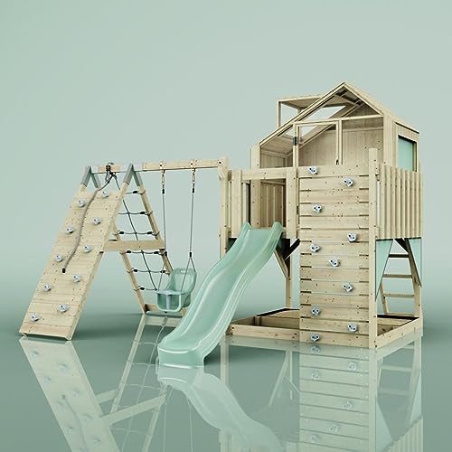Rebo Outdoor Spielturm mit Wellenrutsche | Spielhaus aus Holz mit Kinderschaukel, Kletterwand, Kletternetz | Stabile Konstruktion, Weiches Gefühl in den Seilen Rebo Outdoor Spielturm mit Wellenrutsche | Spielhaus aus Holz mit Kinderschaukel, Kletterwand, Kletternetz | Stabile Konstruktion, Weiches Gefühl in den Seilen von Rebo