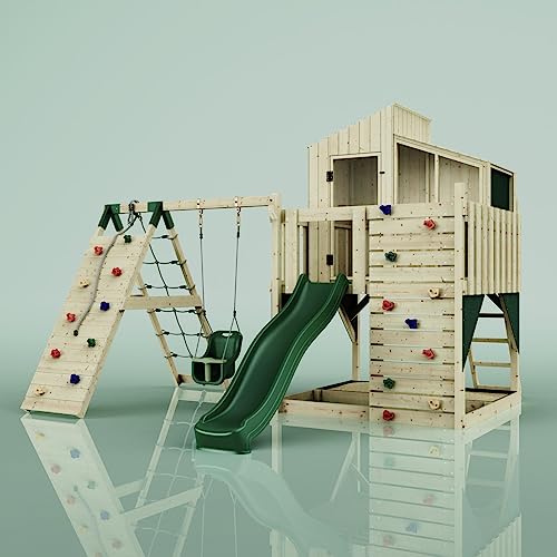 Rebo Outdoor Spielturm mit Wellenrutsche | Spielhaus aus Holz mit Kinderschaukel, Kletterwand, Kletternetz | Stabile Konstruktion, Weiches Gefühl in den Seilen von Rebo