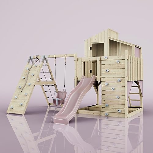 Rebo Outdoor Spielturm mit Wellenrutsche | Spielhaus aus Holz mit Kinderschaukel, Kletterwand, Kletternetz | Stabile Konstruktion, Weiches Gefühl in den Seilen von Rebo