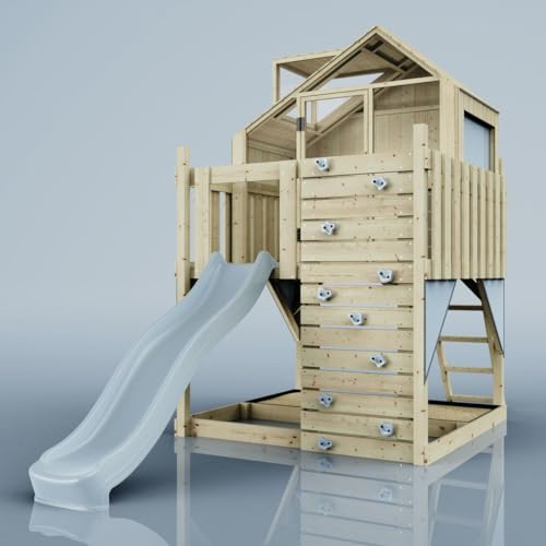 Rebo Spielturm aus Holz mit Wellenrutsche | Outdoor Klettergerüst mit Plattform, Spielhaus, Kletterwand, Sandkasten und Kleterseil von Rebo
