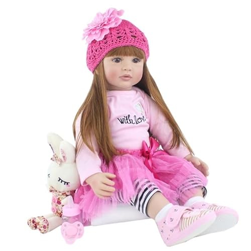 24 Zoll 60 cm Reborn Puppe mit Rosa Tutu-Kleid, Realistisch Neugeborene Silikon Weichkörper Strickmütze und Plüschhase, Lange Braune Haare 24 Zoll 60 cm Reborn Puppe mit Rosa Tutu-Kleid, Realistisch Neugeborene Silikon Weichkörper Strickmütze und Plüschhase, Lange Braune Haare von Reborn Baby