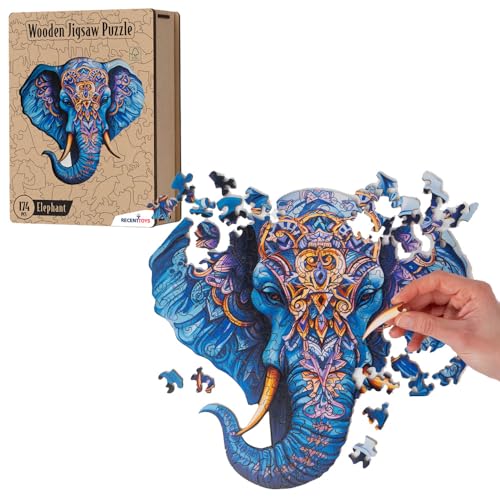 Recent Toys Holzpuzzle Elefant für Erwachsene und Kinder. 174-teiliges Puzzle, große Größe 30 x 29,5 cm, mit einzigartigen geformten Teilen, inklusive Geschenkbox aus Holz und Ständer von Recent Toys