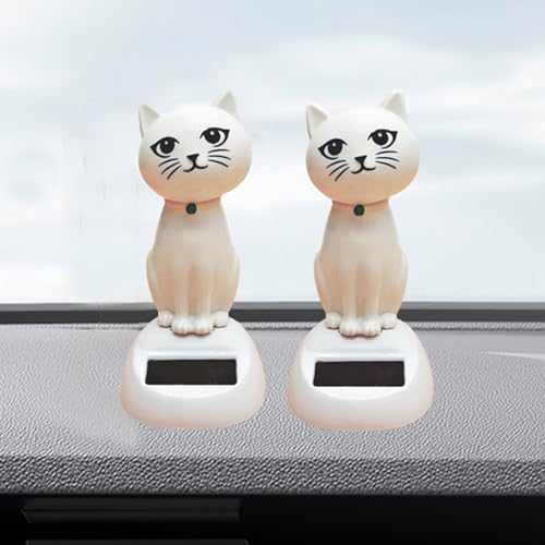 Recitem Auto Solar Wackelfigur Katze, Solar Wackelfiguren Tanzende Kleine Katze, Katze Solarfigur Statue Auto Armaturenbrett Deko Ornamente, Solarfigur Wackelfigur für Auto Haus Oder Büro (2 Weiß) von Recitem