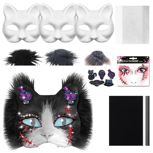 Recitem sk Bastelset – 3‑in‑1 DIY Tier- & Halloween-Maske (Katze/Fuchs/Wolf) – inkl. Kunstfell, Mesh, Stencils & Filz–ideal für Cosplay, Carnival, Maskenparty (Schläger) von Recitem