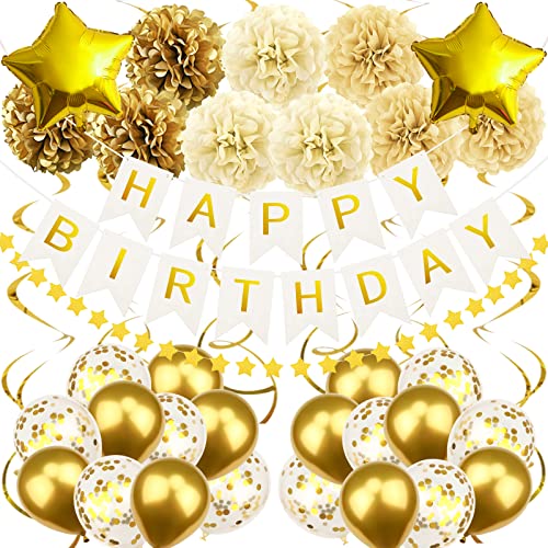 Recosis Gold Geburtstagsdeko, Happy Birthday Banner mit Pompoms Papier Girlande Wimpel Spiral und Luftballon Kindergeburtstag für Mädchen Junge Mann Frauen Geburtstags Dekorationen von Recosis