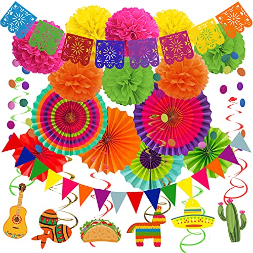 Recosis Mexikanische Party Dekorationen, Mehrfarbig Papier Pompom Aufhängen Fächer Mexiko-Banner Hanging Wirbel Girlande für Geburtstag Festliche Cinco De Mayo Fiesta Party Gefälligkeiten von Recosis