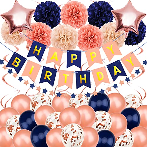 Recosis Rosegold Marineblau Geburtstagsdeko, Happy Birthday Banner mit Pompoms Papier Girlande und Luftballon Kindergeburtstag für Mädchen Junge Mann Frauen Geburtstags Dekorationen von Recosis