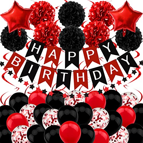 Recosis Schwarz Rot Geburtstagsdeko, Happy Birthday Banner mit Pompoms Papier Girlande Wimpel Spiral und Luftballon Kindergeburtstag für Mädchen Junge Mann Frauen Geburtstags Dekorationen von Recosis