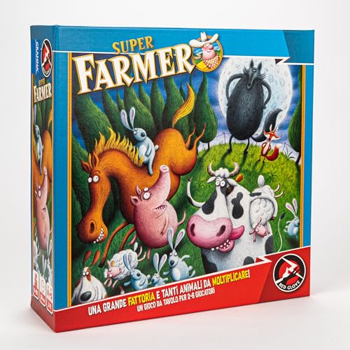 Red Glove - Super Farmer Brettspiel RG2007, 6-100 Jahre, 6 Bretter, 2 Würfel mit 12 Seiten, 120 Tierkarten, 4 kleine Hunde und 2 große Hunde aus Kunststoff, Vorschriften von Red Glove