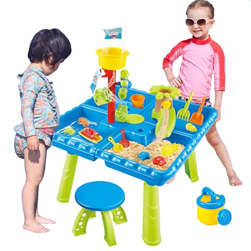 RedCrab 4 in 1 Sand und Wasserspieltisch Kinder, 39 Stück Wasserspielzeug Sandkasten Spielzeug Strandspielzeug Set mit Stuhl, Sommer Spielzeug für Draußen Gartenspielzeug Strand Wassertisch Kinder von RedCrab