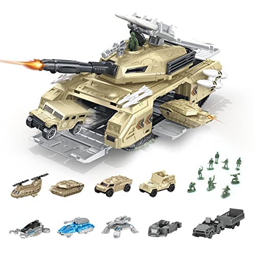 RedCrab Panzer Spielzeug Set, Militärtransportpanzer mit 9 Militärfahrzeuge Spielzeug und 9 Mini Spielzeugsoldaten Modelle -Drehbarer Geschützturm und Simulierter Raketenstart Geschenke für Kinder von RedCrab