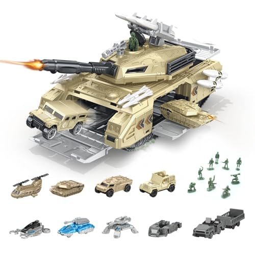 RedCrab Panzer Spielzeug Set, Militärtransportpanzer mit 9 Militärfahrzeuge Spielzeug und 9 Mini Spielzeugsoldaten Modelle -Drehbarer Geschützturm und Simulierter Raketenstart Geschenke für Kinder von RedCrab