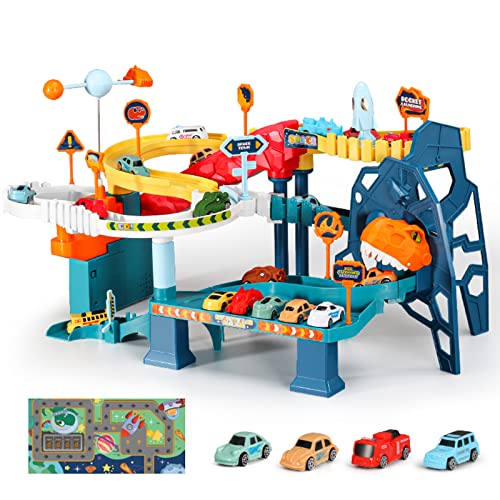 RedCrab Dinosaurier Spielzeug Autorennbahn für Kinder, Dino Autobahn mit 4 Spielzeugautos und Schienen Dino Rennbahn für Jungen und Mädchen 3-14 Jahre Geschenke Spielzeug(Dino Rennbahn 3) von RedCrab