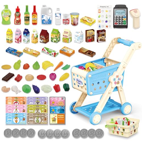 RedCrab Einkaufswagen für Kinder mit Scanner, 74 Stück Lebensmittel Pretend Play Kaufladen Zubehör, Kinder Einkaufswagen Rollenspiel Küche Spielset für Jungen und Mädchen ab 3 Jahre (Blau) von RedCrab