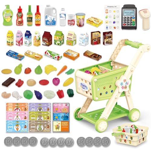 RedCrab Einkaufswagen für Kinder mit Scanner, 74 Stück Lebensmittel Pretend Play Kaufladen Zubehör, Kinder Einkaufswagen Rollenspiel Küche Spielset für Jungen und Mädchen ab 3 Jahre (Grün) von RedCrab