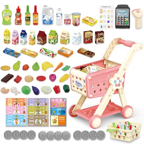RedCrab Einkaufswagen für Kinder mit Scanner, 74 Stück Lebensmittel Pretend Play Kaufladen Zubehör, Kinder Einkaufswagen Rollenspiel Küche Spielset für Jungen und Mädchen ab 3 Jahre (Rosa) von RedCrab