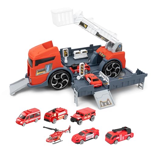 RedCrab Feuerwehrauto Kinder mit Drehleiter, Transporter LKW Spielzeug Set mit 5 Mini Feuerwehr Auto und 1 Flugzeugspielzeug, Spielzeugauto Kinderspielzeug ab 3 Jahre Jungen und Mädchen von RedCrab