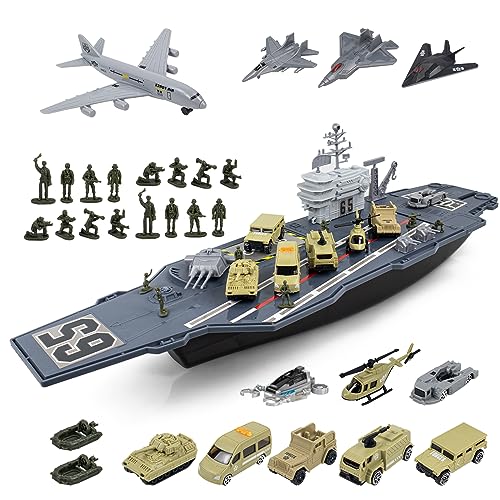 RedCrab Flugzeugträger Spielset, Militär Schlachtschiff Modell Spielzeug mit Militar Auto, Militärflugzeuge, Hubschrauber Spielzeug Panzer und Armee Männer Actionfiguren für Kinder ab 3 Jahre von RedCrab