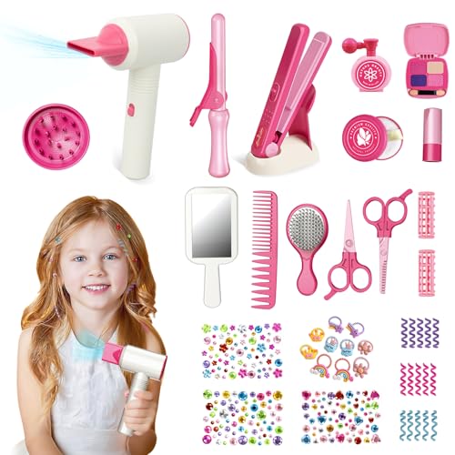 RedCrab Friseur Set Kinder Mädchen Schminkset Spielzeug Zubehör mit Haartrockner Lockenstab Haarglätter Kamm Spiegel Haarzubehör, Rollenspiele Geschenke Mädchen ab 3 4 5 6 7 8 Jahre von RedCrab
