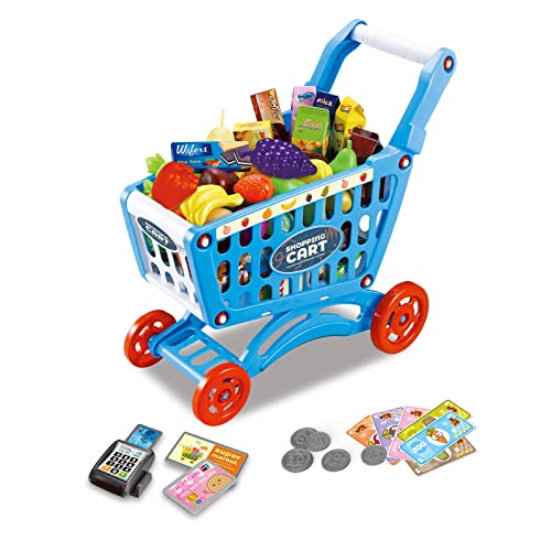 RedCrab Kinder Einkaufswagen Spielset, 54 Stück Kaufladen Zubehör Set, Übergröße Rollenspiel Trolley Cart, Lernspielzeug Geschenk ab 3+ Jahren Junge Mädchen(Blau) von RedCrab