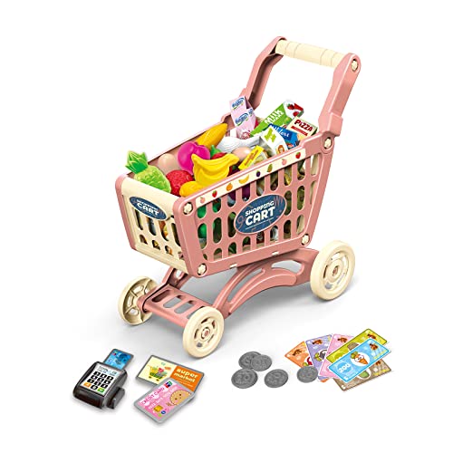 RedCrab Kinder Einkaufswagen Spielset, 54 Stück Kaufladen Zubehör Set, Übergröße Rollenspiel Trolley Cart, Lernspielzeug Geschenk ab 3+ Jahren Junge Mädchen(rosa) von RedCrab
