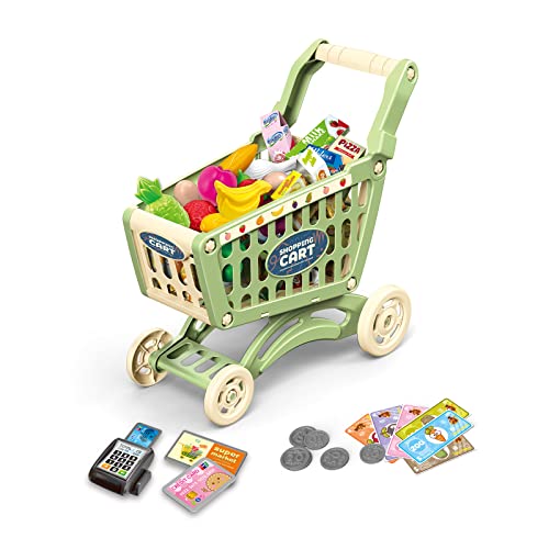 RedCrab Kinder Einkaufswagen Spielset, 54 Stück Kaufladen Zubehör Set, Übergröße Rollenspiel Trolley Cart, Lernspielzeug Geschenk ab 3+ Jahren Junge Mädchen (grün) von RedCrab