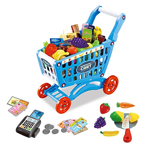 RedCrab Einkaufswagen für Kinder, 64 Stück Kaufladen Einkaufswagen Zubehör Set, Übergröße Rollenspiel Trolley Cart Spielset Lernspielzeug Geschenk für Kinder ab 3+ Jahren Junge Mädchen(Blau,64pcs) von RedCrab
