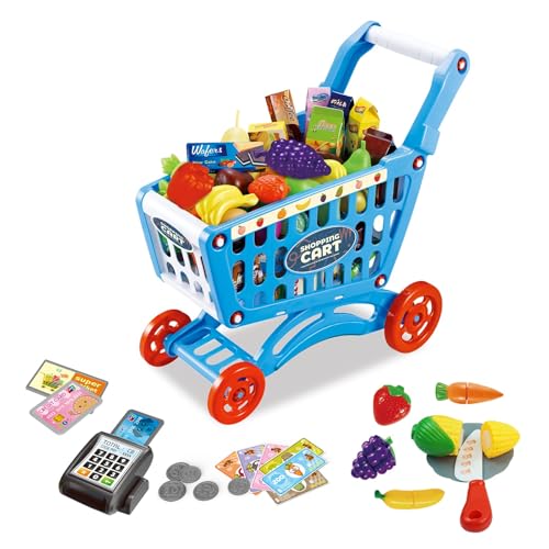 RedCrab Einkaufswagen für Kinder, 64 Stück Kaufladen Einkaufswagen Zubehör Set, Übergröße Rollenspiel Trolley Cart Spielset Lernspielzeug Geschenk für Kinder ab 3+ Jahren Junge Mädchen(Blau,64pcs) von RedCrab