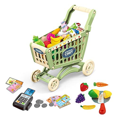 RedCrab Einkaufswagen für Kinder, 64 Stück Kaufladen Einkaufswagen Zubehör Set, Übergröße Rollenspiel Trolley Cart Spielset Lernspielzeug Geschenk für Kinder ab 3+ Jahren Junge Mädchen (Grün,64pcs) von RedCrab